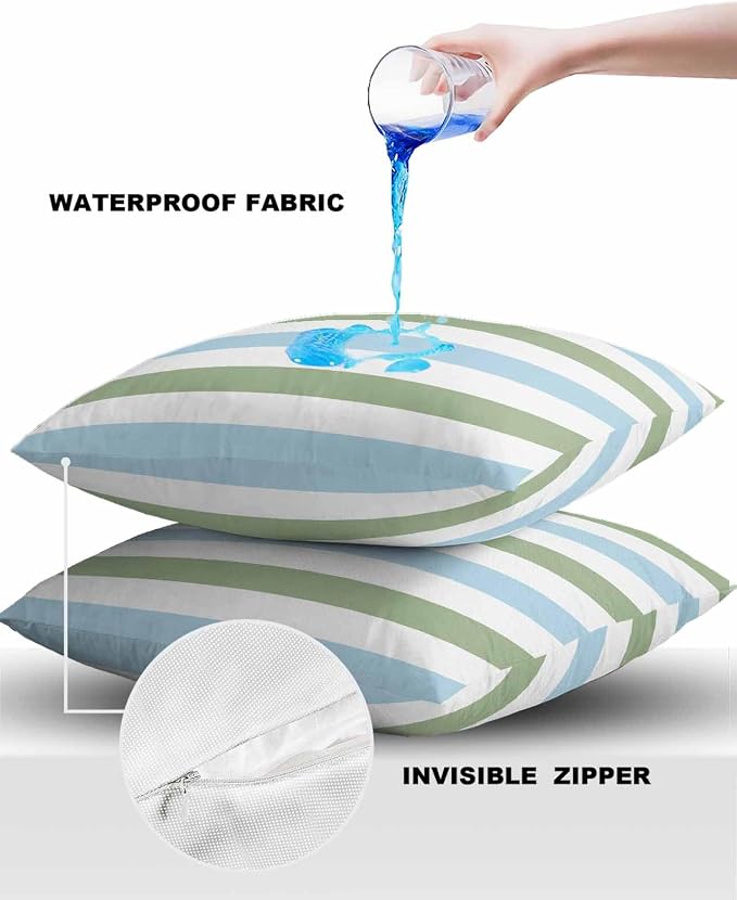Outdoor Waterproof Throw Pillow Covers 24x24Inch, Spring Stripes Pattern Cushions for Garden Patio Furniture Chairs Set of 2, Blue and Sage Green Home Decor Couch Sofa Polyester Pillow Cases