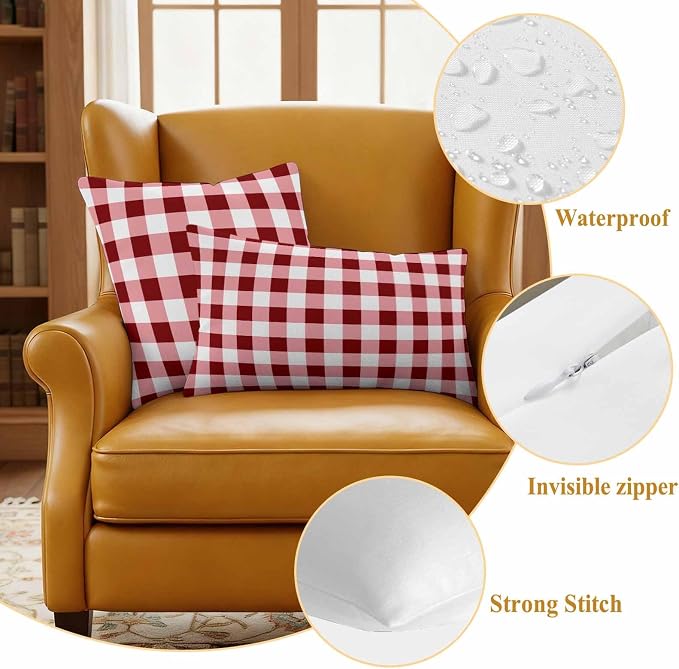 Red Farmhouse Waterproof Outdoor Pillow Covers Set of 2 Home Decor, Gradient Buffalo Plaid Lattice Grid Pillowcase Patio Pillow Covers for Couch Bench Furniture Garden 20x12in