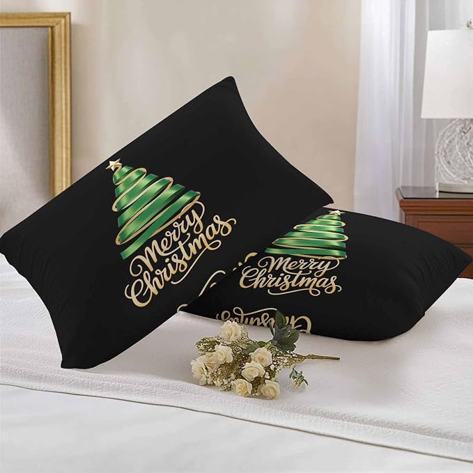 Black Christmas Tree Lumbar Pillow Covers 12 x 20 Inches, Green Xmas Tree with Star Waterproof Throw Pillow Cover Set of 2, Christmas Black Decorative Rectangle Cushion Covers for Patio/Couch