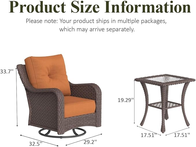 LayinSun 6 Piece Wicker Outdoor Furniture Set with 6-inch Comfy Cushions, High Back Patio Furniture Set with Swivel Rocking Chairs and Side Table