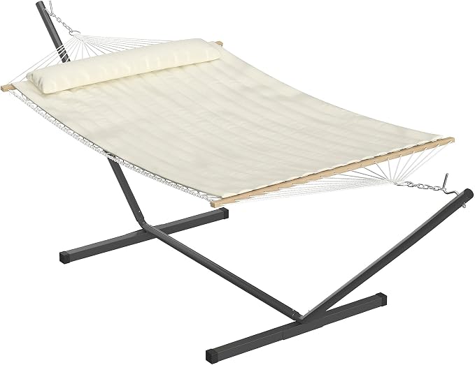 Hammock with Stand for Outside, 2-Person Portable Hammock, Heavy Duty Steel Stand, Breathable Cotton Rope & Cushioned Pad, for Yard Garden Patio Backyard, Beige