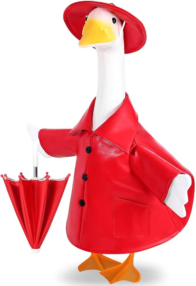 Raincoat Goose Outfit Porch Goose Summer Outfit Yard Goose Raincoat Clothes with Umbrella Hat Fits 23" Outdoor Garden Lawn Patio Geese Statue for Spring Summer Seasonal Decor(Red)