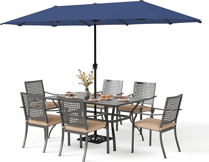 PHI VILLA Outdoor Table Chairs Set w/Umbrella, Patio Metal Furniture for 6 | 60" wrought iron rectangle table & stackable chairs w/ cushions. 13ft blue umbrella. 7 pcs furniture set for deck, porch