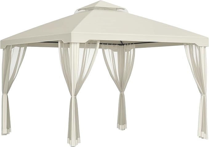 Outsunny 9.6' x 9.6' Patio Gazebo, Outdoor Canopy Shelter with 2-Tier Roof and Netting, Steel Frame for Garden, Lawn, Backyard, and Deck, Cream White