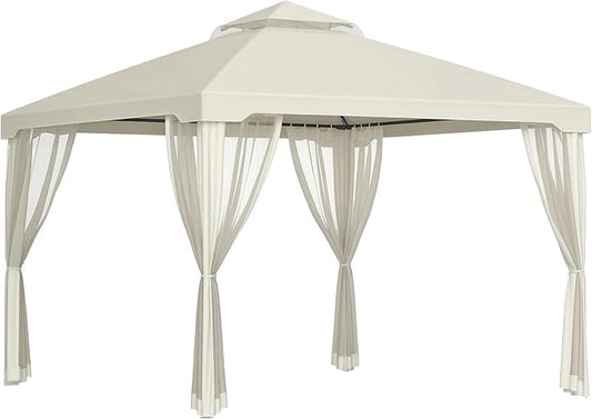 Outsunny 9.6' x 9.6' Patio Gazebo, Outdoor Canopy Shelter with 2-Tier Roof and Netting, Steel Frame for Garden, Lawn, Backyard, and Deck, Cream White