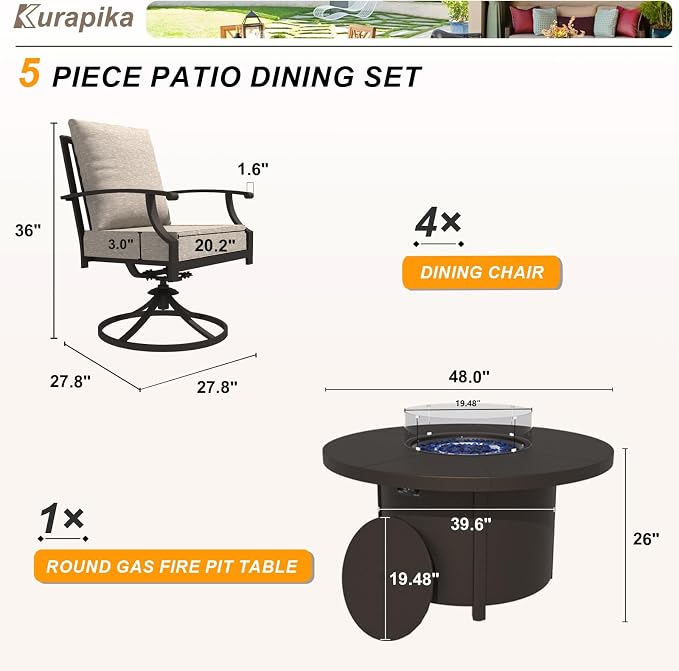 Kurapika 5 Piece Metal Outdoor Patio Furniture Set with Round Fire Pit Table, Patio Conversation Sets 4 Swivel Chairs with Thick Cushion and 40000 BTU Fire Pit Table, Sand