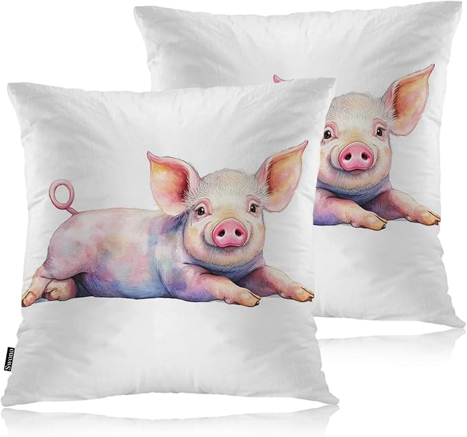 Swono Pig Throw Pillow Case, Cute Piggy Square Home Decorative Cushion Cover for 18 X 18 Inches Pillow Covers, Farm Pig Pink 2 Pack Pillowcases for Bedroom Office Dorm Couch