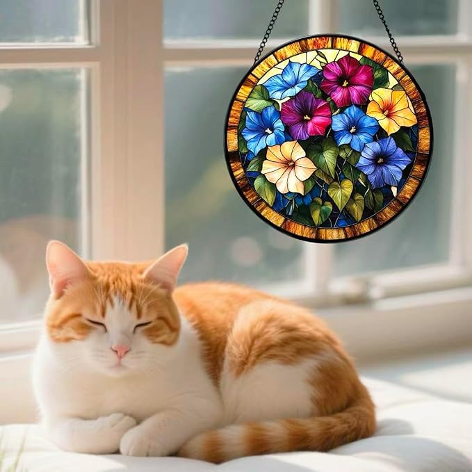 Stained Glass Window Hanging - The Blooming Morning Glory 6.3 Inches Suncatcher for Garden Home Decor for Women Mon Grandma Friends