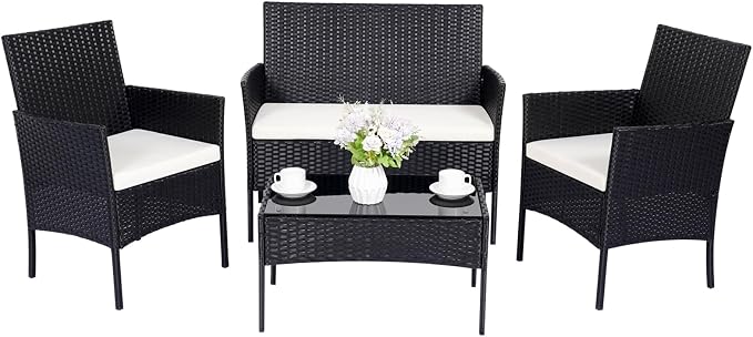 Patio Furniture Set, Outdoor Furniture Set 4 Pieces Patio Conversation Set PE Rattan Chair with Cushion Tempered Glass Table Garden Balcony Sets for Yard Pool Backyard Black/Beige