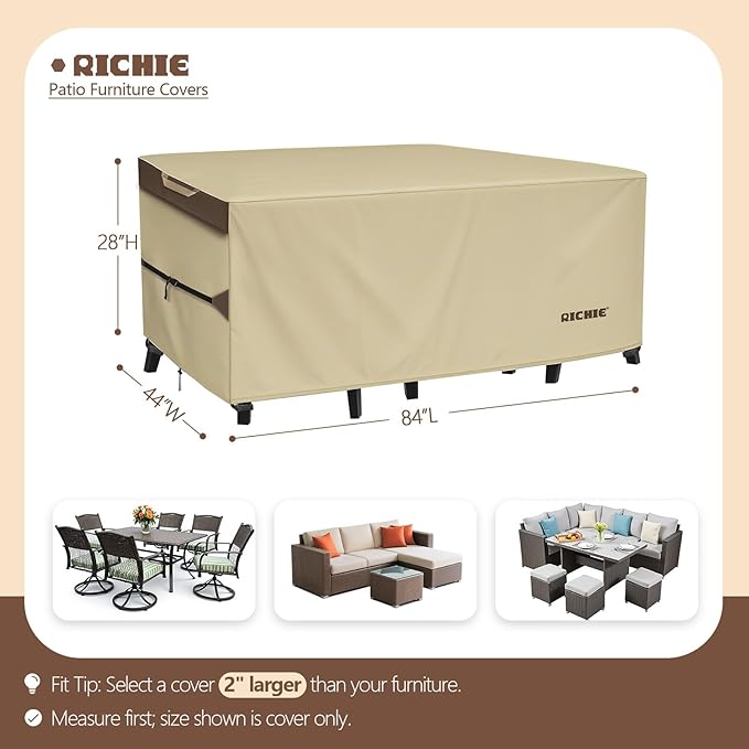 RICHIE Outdoor Patio Furniture Cover - Heavy Duty Waterproof 600D Tough Canvas Protector for Rectangular Table Cover, All-Season Dining Table and Chair Covers (84L x 44W x 28H Inch)