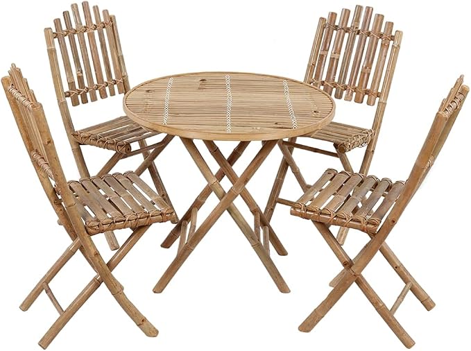 5 Piece Folding Patio Dining Set with Cushions Bamboo Outdoor Table and 4 Chairs Weatherproof Waterproof Space Saving for Garden Backyard Deck Poolside Natural Gray