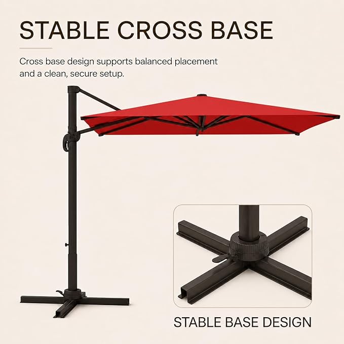 Kingdura 9' X 9' Cantilever Patio Umbrella with Base Included, Large Square Outdoor Offset Umbrella with 360-degree Rotation, 4 Position Tilt, UV Protection for Pool Deck Garden Patio (Red)