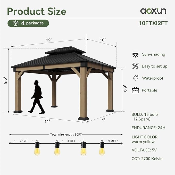 Aoxun 10' x 12' Outdoor Wood Gazebo, Hardtop Gazebo Permanent Wooden Pavilion with Galvanized Steel Double Roof, and LED Outdoor Waterproof Hanging Lights, for Patio, Garden, Deck, Cedar Wood, Grey