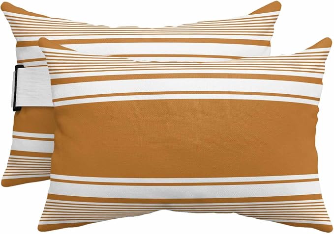 Outdoor Lumbar Pillows 12x20 Set of 2, Farmhouse Burnt Orange Striped Waterproof Throw Pillow Covers with Insert, Modern Minimalist Stripes Decorative Support Pillows for Lounge, Chaise
