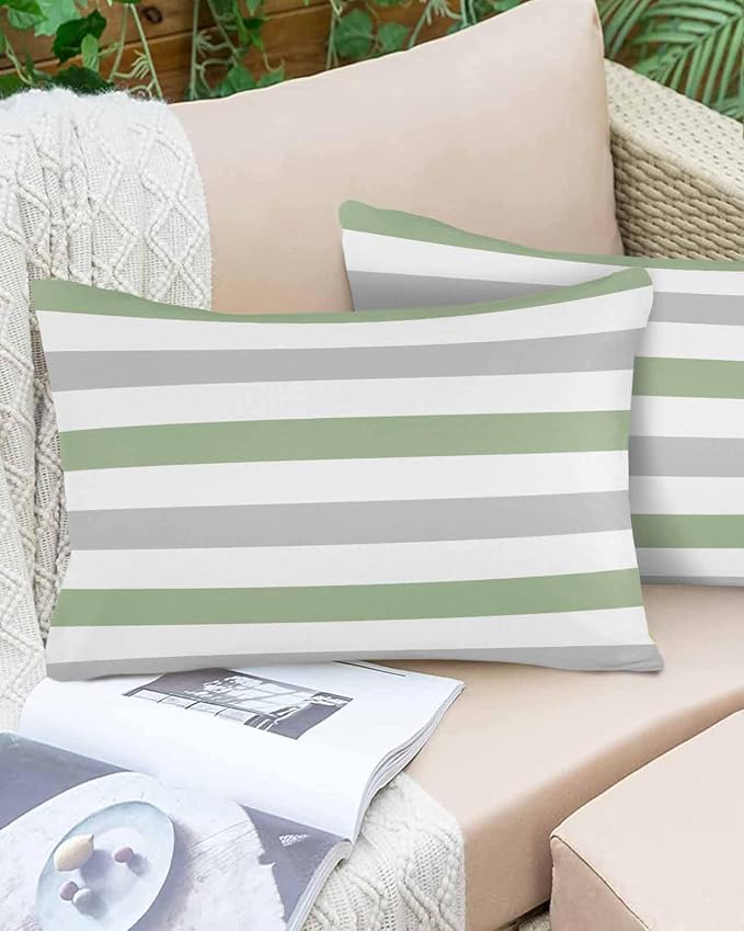 Outdoor Waterproof Throw Pillow Covers 20x12Inch, Spring Stripes Sage Green Cushions for Garden Patio Furniture Chairs Set of 2, Grey Home Decor Couch Sofa Polyester Pillow Cases