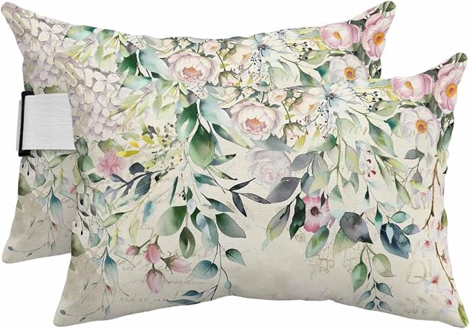 Lumbar Pillow Covers Set of 4, Eucalyptus Leaves Waterproof Outdoor Chaise Lounge Pillow Covers with Elastic Strap, Spring Floral Summer Botanical Vintage Headrest Pillowcase for Patio, 12 x 20