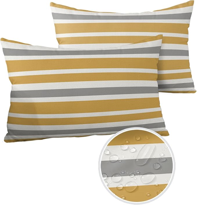 Outdoor Waterproof Pillow Covers for Patio Furniture Orange, Grey and White Stripes Decorative Throw Pillow Cover Farmhouse Stripe Pillowcases Set of 2 Cushion Case for Sofa Couch Chair 20 x 12 In