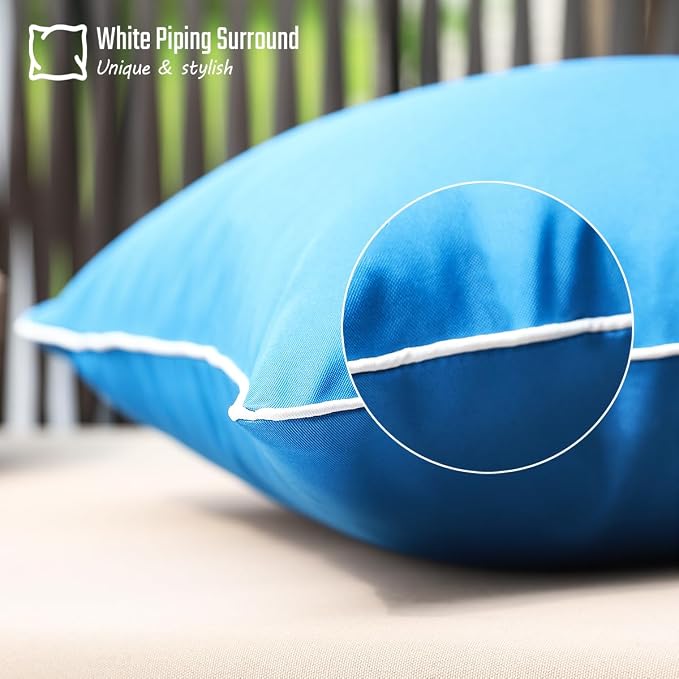 JOJOGOGO Royal Blue Outdoor Pillows Waterproof Throw Pillow Covers 18x18 Set of 2, Lake Blue Outdoor Patio Pillows Cushion Covers 18 x 18 for Couch Bench and Porch Swing (with White Piping)