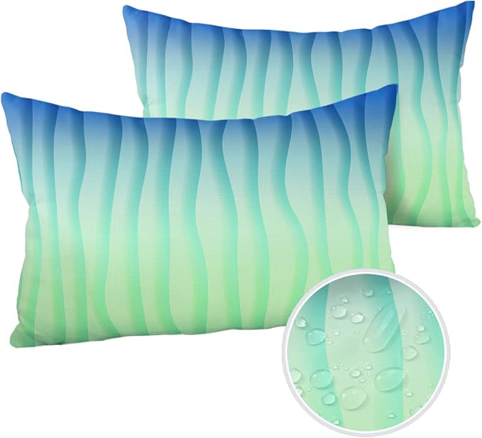 Outdoor Waterproof Pillow Covers Set of 2, Simple Abstract Geometric Blue Green Gradient Lines Patio Throw Pillow Covers, Decorative Cushion Case for Couch Sofa Furniture Garden, 20x12 Inch