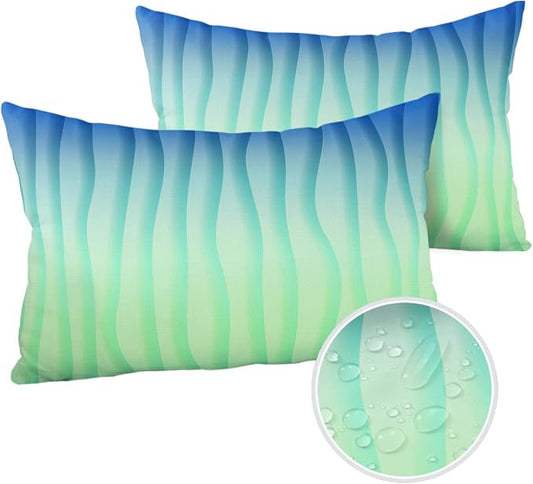 Outdoor Waterproof Pillow Covers Set of 2, Simple Abstract Geometric Blue Green Gradient Lines Patio Throw Pillow Covers, Decorative Cushion Case for Couch Sofa Furniture Garden, 20x12 Inch