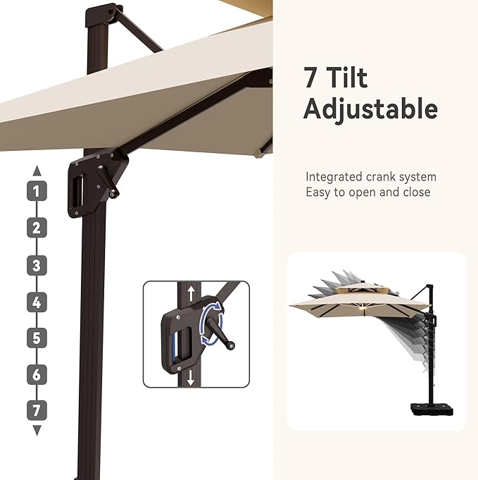 10' X 13' Cantilever Patio Umbrella with Led Lights Double Top Rectangular Outdoor Large Offset Umbrellas with 7 Tilts Adjustable 360°Rotation for Deck Pool Garden Backyard, Beige