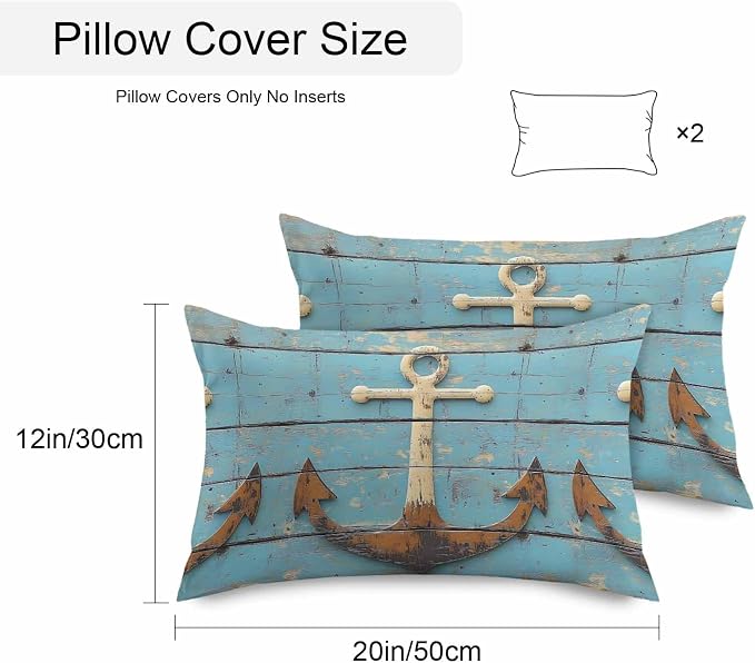 Vintage Anchor Waterproof Outdoor Pillow Covers Set of 2 Home Decor, Coastal Nautical Blue Brown Wooden Pillowcase Patio Pillow Covers for Couch Bench Furniture Garden 20x12in