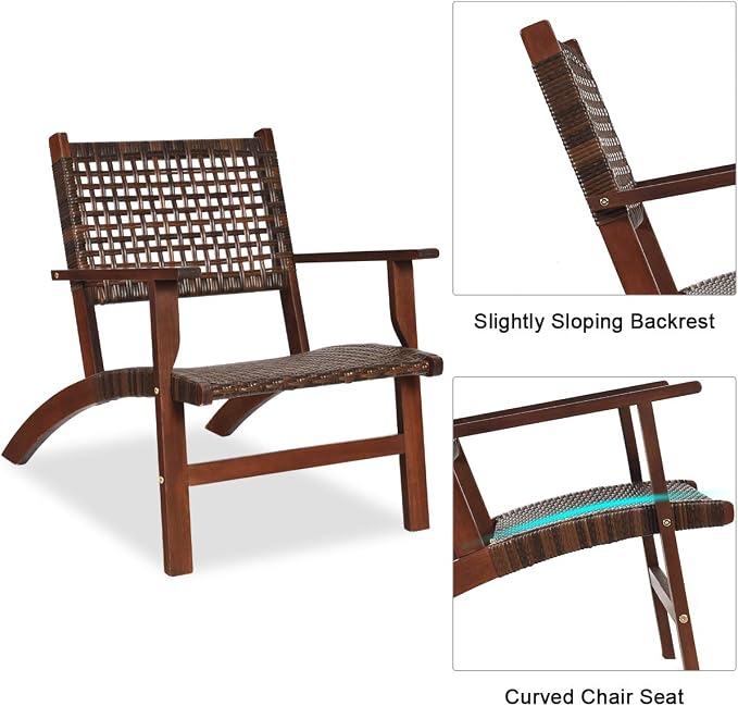 Tangkula 3 Pieces Patio Conversation Set, Solid Eucalyptus Wood Frame Outdoor Wicker Furniture Set Bistro Set with Coffee Table, Rattan Furniture Set for Backyard Porch Garden Poolside Balcony (Brown)