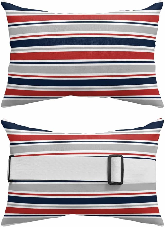 Pack of 2 Outdoor Lumbar Pillow Covers 11x16 Inch, Red Navy Blue Striped Waterproof Throw Pillow Covers Set, Farmhouse Stripes Modern Abstract Art Outside Decorative Cushion Cases for Patio Porch Car