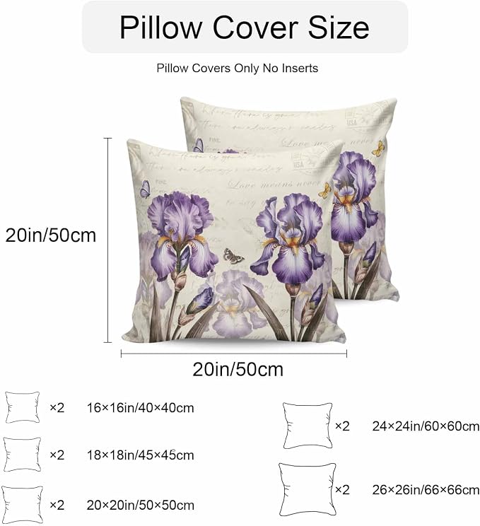 Purple Iris Outdoor Pillow Covers 16x16 Inch Throw Pillow Covers Set of 2 Waterproof Decorative Pillow Cases Spring Vintage Butterfly Leaves Flowers Beige Cushion Covers for Patio Furniture Garden