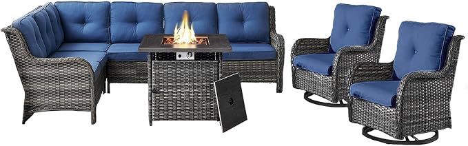 Belord Patio Furniture Set with Fire Pit Table, Outdoor Swivel Rocker Patio Chairs, Oversized Outdoor Sectional Couch, Two 3-Seater Sofas with Coffee Table, Ideal for Porch, Deck, Gray Wicker/Blue