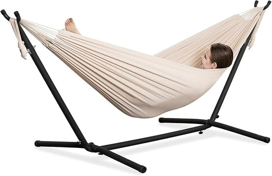 PNAEUT Double Hammocks with Stand for Outside, Portable Space Saving Heavy-Duty Steel Stand for Indoor Outdoor Patio with Carrying Bag, 450 lbs Capacity (Beige)