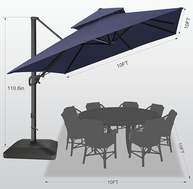 FLAME&SHADE 10x10 FT Square Cantilever Patio Umbrella - Aluminum Offset Umbrella with Tilt 360-Degree Rotation, Fade Resistance Fabric Large Patio Umbrella Outdoor for Deck Pool Garden - Navy Blue