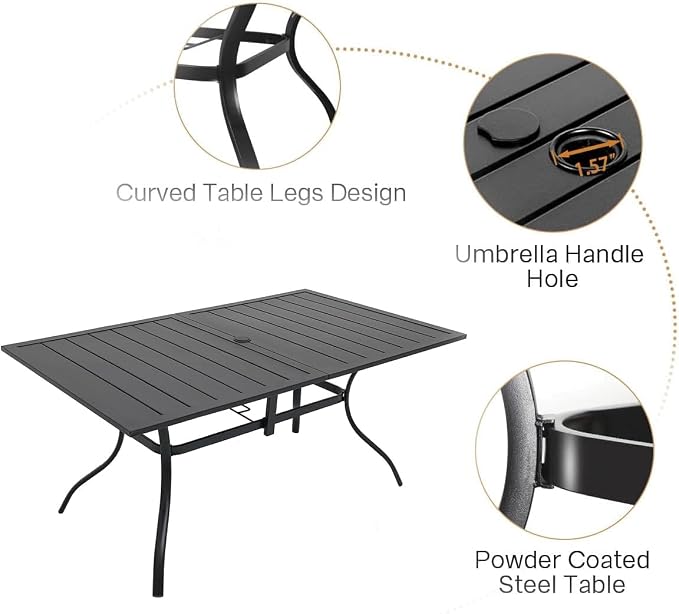 Anmutig 7-Piece Outdoor Dining Set, Patio Powder Coated Steel Table with 6 Stackable Sling Chairs, 63 x 38 Inch Table Beige White Fabric