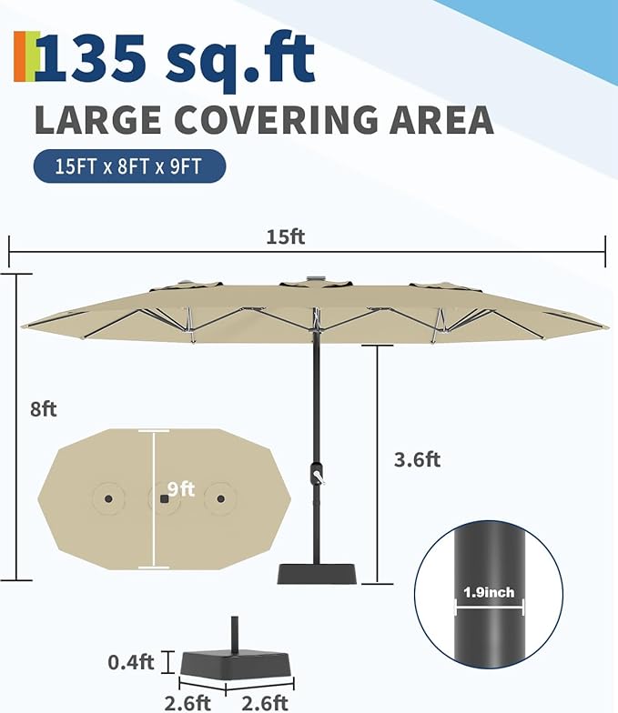 GarveeLife 15 ft Large Patio Umbrella with Lights, 36 LED Lights Double-sided Patio Umbrella with Weighted Base for Poolside Garden Backyard