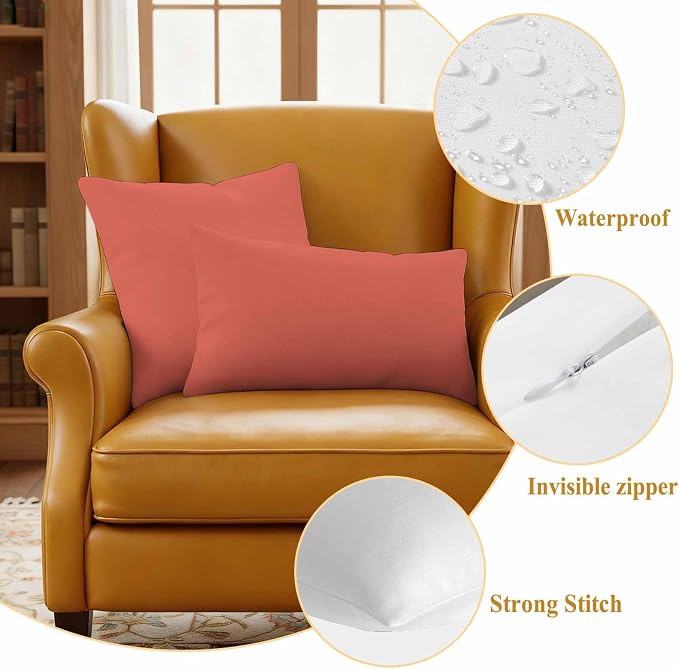 Outdoor Pillow Covers Set of 2, Solid Color Coral Red Decorative Throw Pillow Covers 18X18IN, Minimalist Style Throw Pillows Protector Cushion Case for Patio,Couch,Sofa,Garden