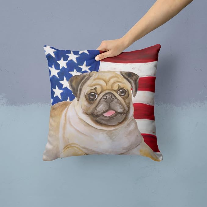 Caroline's Treasures BB9718PW1414 Fawn Pug Patriotic Fabric Decorative Pillow Machine Washable, Indoor Outdoor Decorative Pillow for Couch, Bed or Patio, 14Hx14W