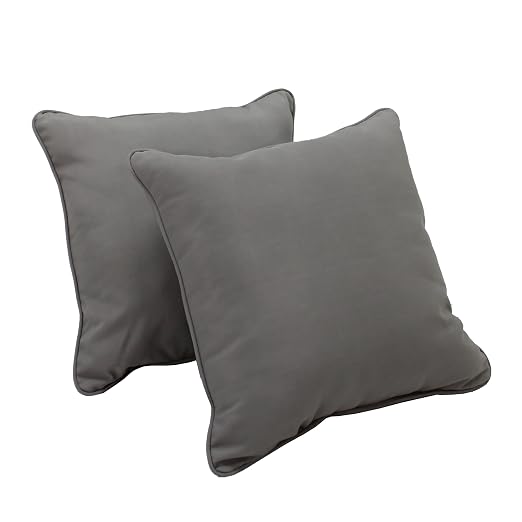 Factory Direct Partners Presidio 15" x 15" Square Decorative Throw Pillow Set with Piping for Indoor/Outdoor Furniture UV, Fade, Weather-Resistant Olefin Fabric (2-Pack) - Gray, 13809-GY