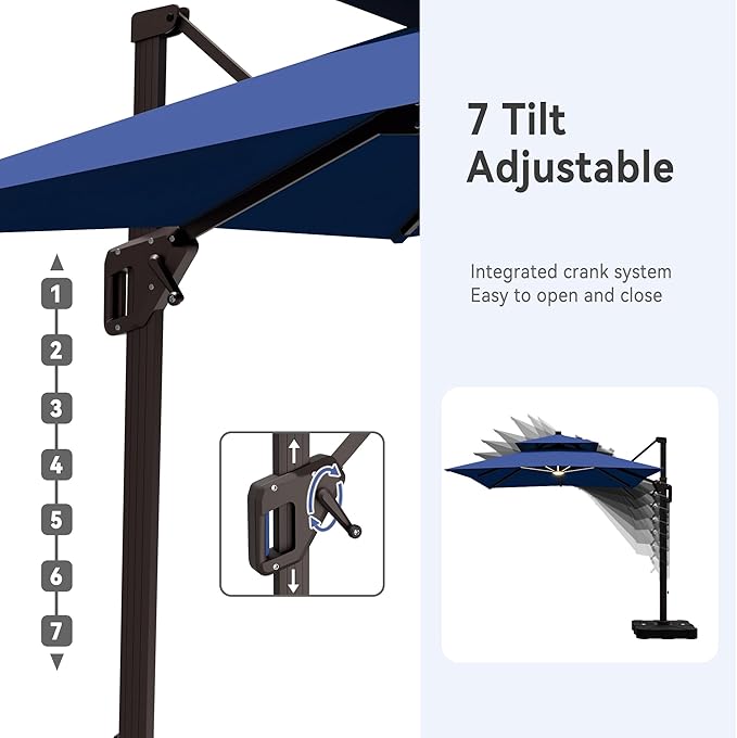 9' X 12' Cantilever Patio Umbrella with Base Included and Led Lights Double Top Rectangular Outdoor Large Offset Umbrellas with 7 Tilts Adjustable 360°Rotation for Deck Pool Garden Backyard, Navy