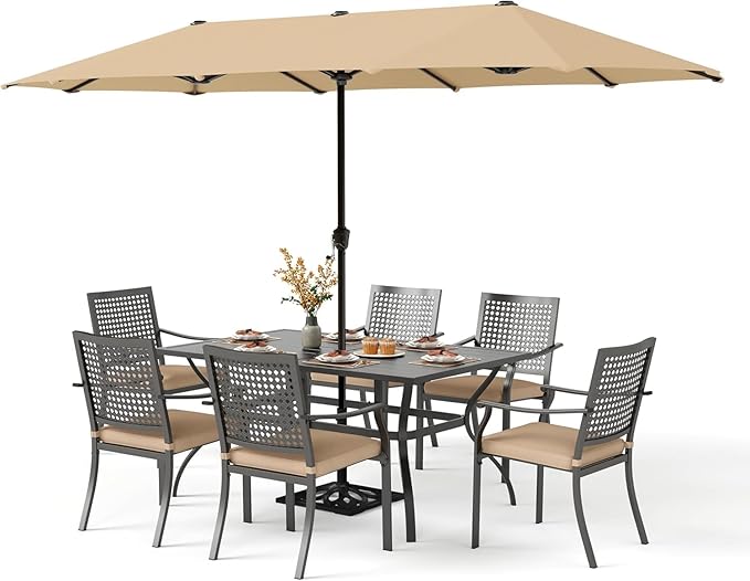 PHI VILLA Outdoor Table Chairs Set w/Umbrella, Patio Metal Furniture for 6 | 60" wrought iron rectangle table & stackable chairs w/ cushions. 13ft beige umbrella. 7 pcs furniture set for deck, porch