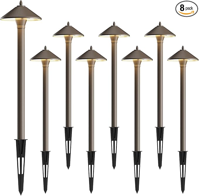 GOODSMANN Landscape Lighting Outdoor Low Voltage Landscape Lighting Kits 8PK Pathway Lights Wired 10W 25 Lumen 2700K Warm White Metal 12V Bronze Electric Sidewalk Walkway Lights with Cable Connectors