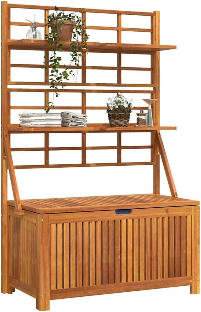 Outdoor Storage Box with Trellis, Solid Acacia Wood Garden Organizer for Patio, Backyard, and Deck, 39 x 39 x 63 Inches