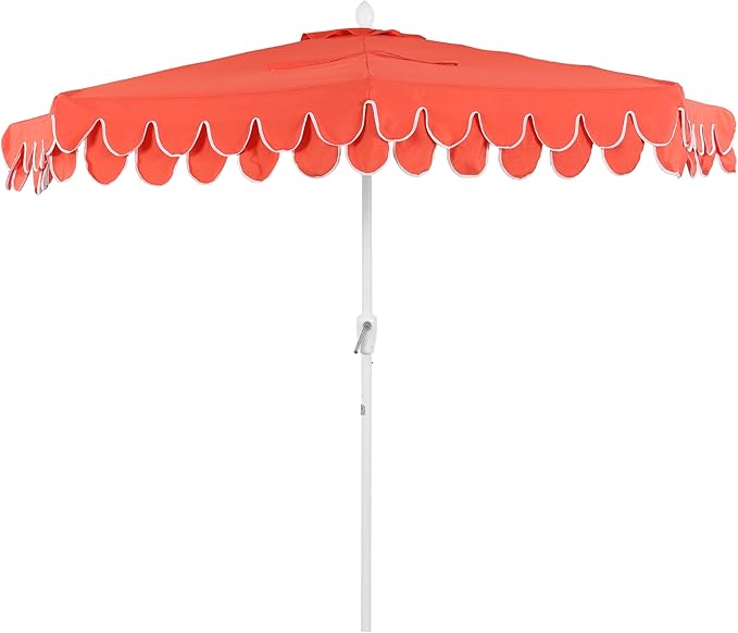 JONATHAN Y Terrace Scalloped 9 ft. Half Round Patio Umbrella with Crank Lift and Tilt, Coastal Semicircle Market Wall Umbrella for Balcony, Coral Red/White, White Pole UMB1202F
