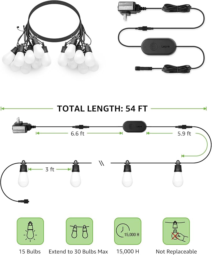 Lepro ZB1 AI Smart Outdoor String Lights, 54(42+12) ft RGB+IC+Warm White Outside Light with 15 Plastic LED Bulbs, Music Sync, Alexa Google Enable, 2.4 GHz WiFi+Bluetooth (APP Control, No Remote)