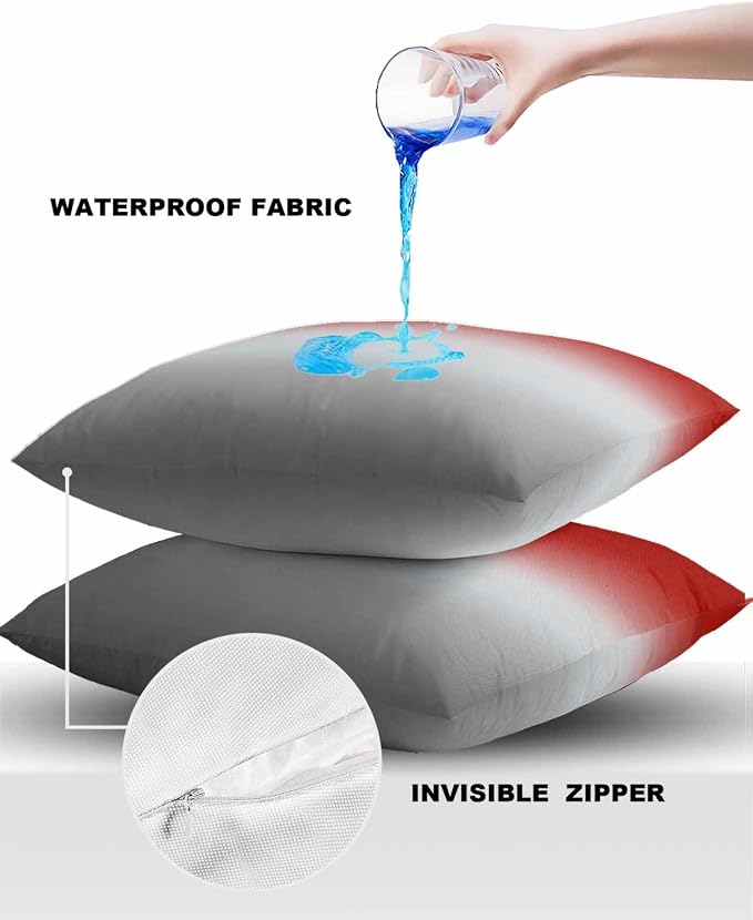 Outdoor Waterproof Throw Pillow Covers Set of 2 Red Grey Ombre Pillowcases 24x24 Inches Gradient Gradual Color Patio Decorative Pillows Cushion Case Patio Pillows for Couch Bed Chair Garden