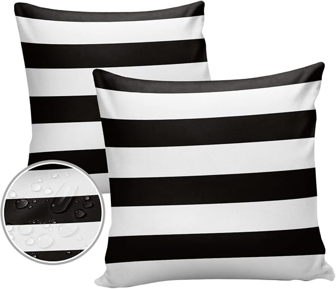 JasmineM Outdoor Pillow Covers 24x24 Waterproof Polyester Throw Pillow Covers, Black White Stripes Decorative Pillowcases Garden Cushion Case for Patio Couch Sofa Decoration Set of 2, Geometric