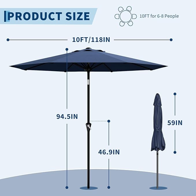 Garvee 10FT Patio Umbrella - Outdoor Table Umbrella with Smooth Crank Lift, Push Button Tilt and 8 Sturdy Ribs - Market Umbrella UV Protection Waterproof for Pool, Deck, Yard, Garden