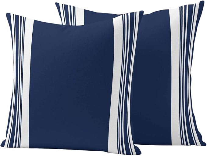 Farmhouse Navy Blue Outdoor Waterproof Throw Pillow Covers 16x16 Set of 2, Aesthetic Modern Line Striped Decorative Pillowcases Cushion Pillowcase for Couch Sofa Patio Outside Pillow Protector