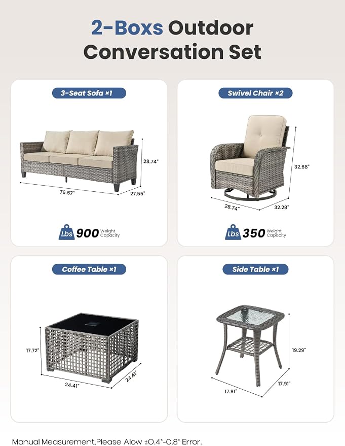 5-Piece Outdoor Patio Furniture Set with Swivel Chairs, Outdoor Conversation Wicker Sofa with Coffee Table, Rattan Couch for Deck, Backyard, Poolside (Beige)