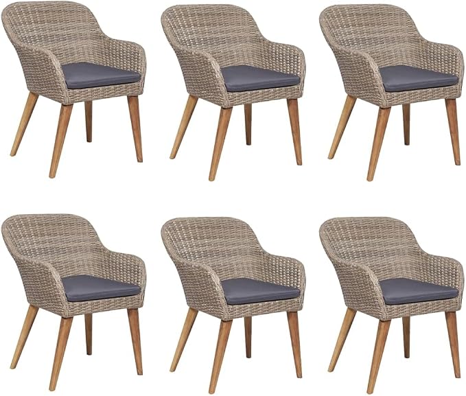7 Piece Patio Dining Set with Cushions, Acacia Wood Outdoor Dining Table and Chairs for Garden Backyard, Tempered Glass Tabletop and Steel Frame, Brown