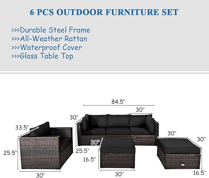 Tangkula 6 Pieces Wicker Patio Furniture Set, PE Rattan Outdoor Sectional Conversation Set with Glass Coffee Table & Ottoman, Wicker Sofa Set with Cushions for Yard Garden, Deck, Porch (Black)